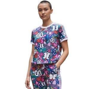 Adidas x Hattie Stewart 3-Stripe T-Shirt Pant Suit Women’s Sz Small Floral